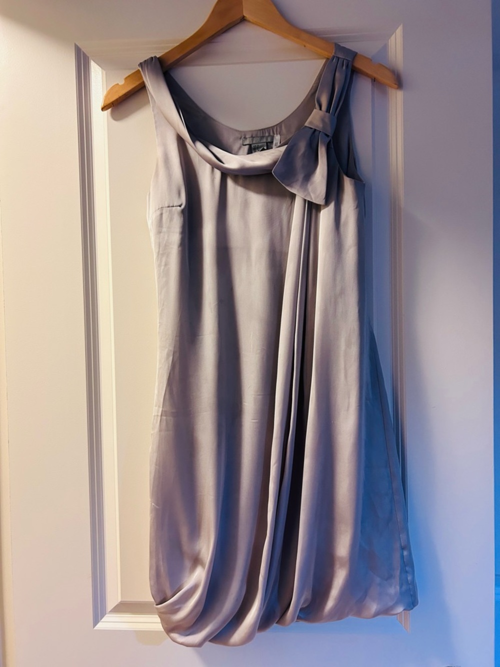 H&M Light Gray Satin Midi Dress with Draped Bow